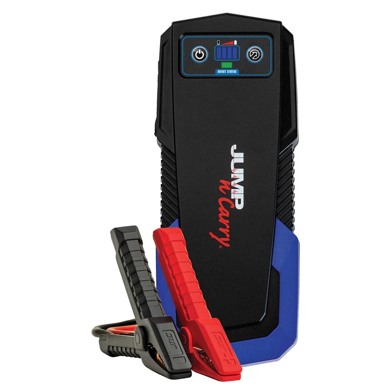 Clore Jump-N-Carry JNC325 portable lithium jump starter with attached clamps on a white background.