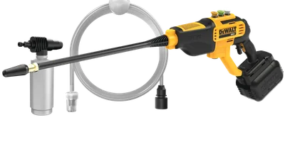 DEWALT DCPW550B 20V MAX cordless power cleaner with hose, nozzles, and bottle adapter on a white background.