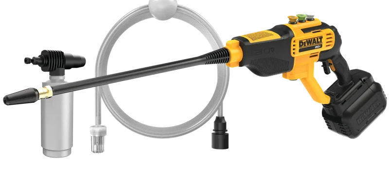 DEWALT DCPW550B 20V MAX cordless power cleaner with hose, nozzles, and bottle adapter on a white background.