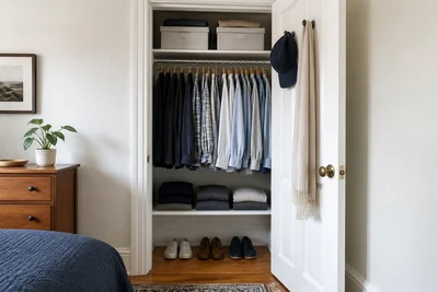 A small bedroom closet with daily clothes centered, seasonal storage overhead, folded sweaters, and shoes below.