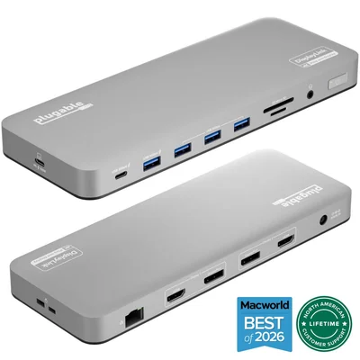 Manufacturer view of the current Plugable UD-6950PDH, including its front USB-C accessory port.