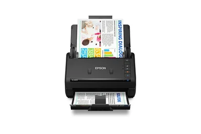 Epson WorkForce ES-400 II black duplex document scanner with input and output trays open.