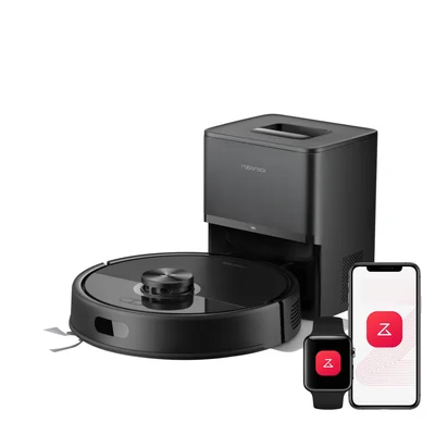 Official Roborock Q7 M5+ robot and dock image; the demonstration phone and watch are not included.
