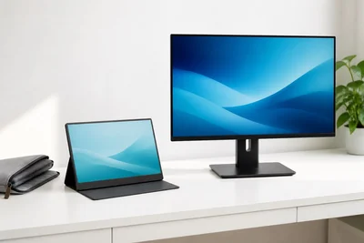 AI illustration comparing a small portable display with a larger monitor on a desktop stand.