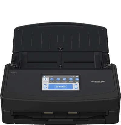 Ricoh ScanSnap iX1600 white document scanner with touchscreen and trays open.