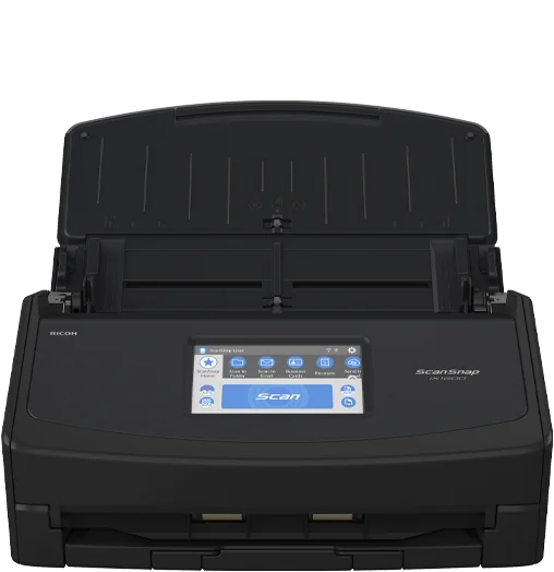 Ricoh ScanSnap iX1600 white document scanner with touchscreen and trays open.
