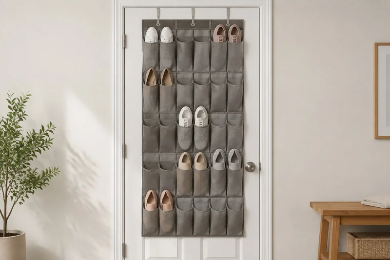Original unbranded illustration of a gray 24-pocket fabric shoe organizer mounted on a white interior door with several pockets intentionally empty.