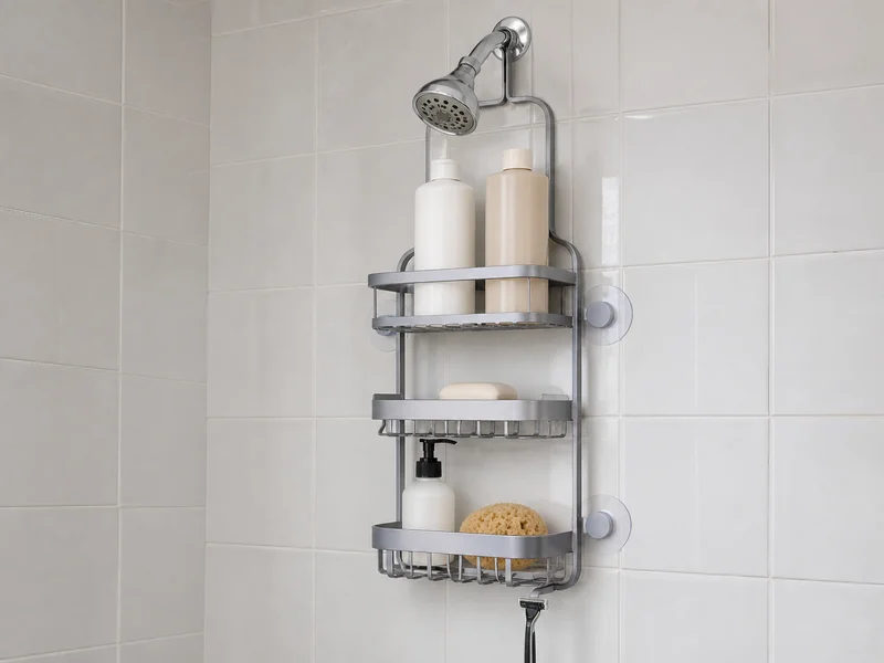 Original unbranded illustration of a silver three-tier shower caddy hanging from a showerhead pipe with lower suction stabilizers.