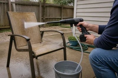 Adult uses a generic bucket-fed cordless power cleaner to rinse an outdoor patio chair in an ordinary backyard.