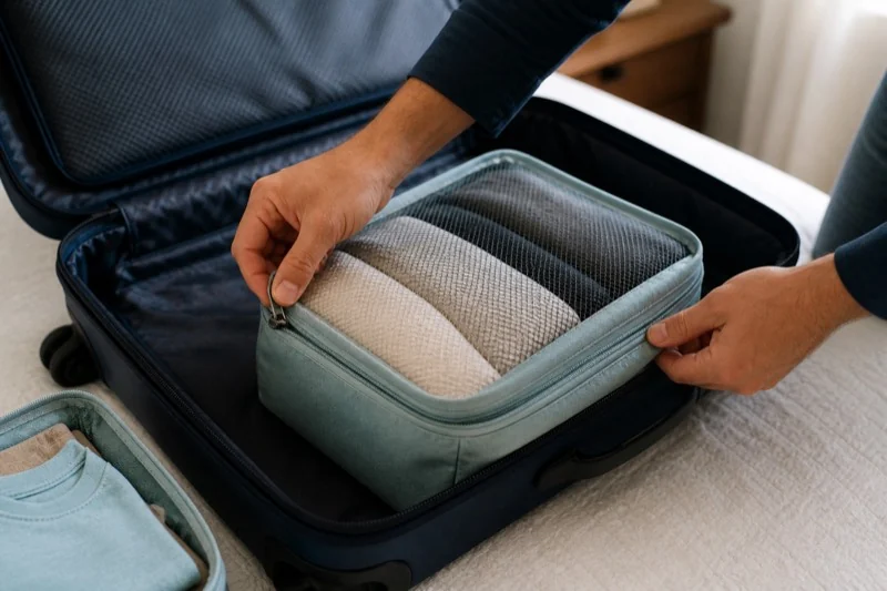 Hands close a compression zipper on a generic cube filled with neutral clothing.