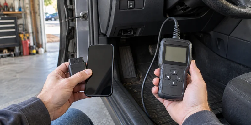 AI illustration of hands comparing a generic Bluetooth OBD-II adapter and phone with a corded handheld scan tool in a home garage.