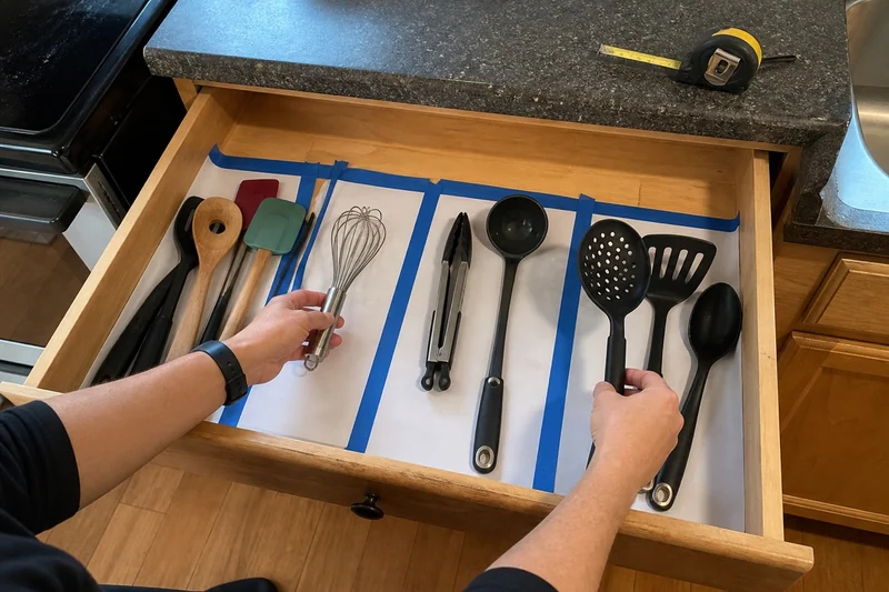 Hands test provisional kitchen-drawer zones with paper strips and painter's tape before buying an organizer.