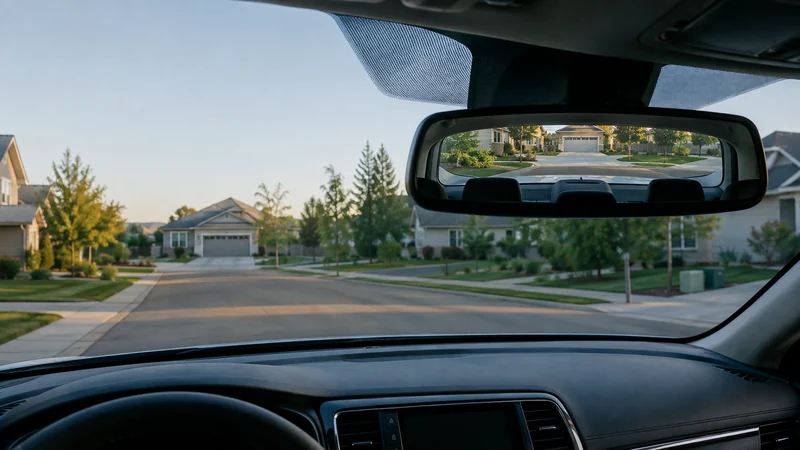An empty parked car seen from inside, with the windshield showing the road ahead and the rear-view mirror showing the road behind.