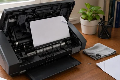 An open desktop scanner shows a skewed sheet near the rollers with a cleaning cloth and bent-corner paper nearby.