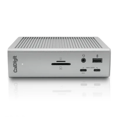 Manufacturer photo of the CalDigit TS4 in its horizontal position with front accessory ports visible.