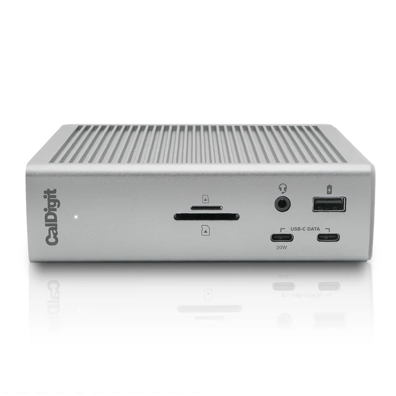 Manufacturer photo of the CalDigit TS4 in its horizontal position with front accessory ports visible.