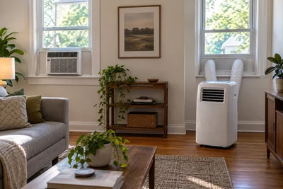 AI illustration of generic equipment for Window or Portable AC? Start With the Room, Not the BTU Claim; not the named products.