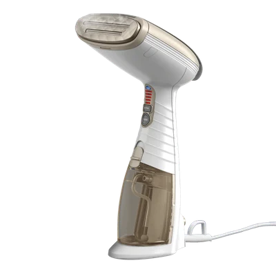 White and champagne Conair ExtremeSteam GS59L handheld garment steamer shown upright on a transparent background.