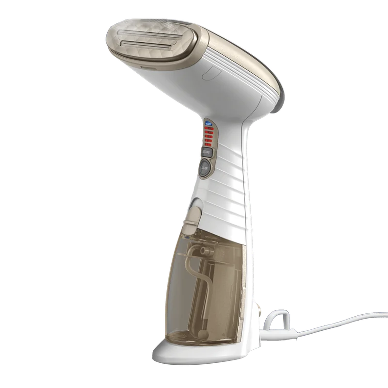 White and champagne Conair ExtremeSteam GS59L handheld garment steamer shown upright on a transparent background.