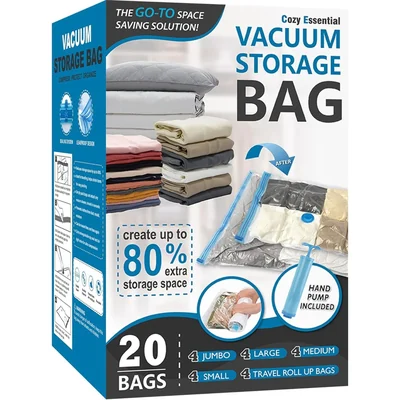 Cozy Essential 20-pack vacuum storage bag box showing several bag sizes and the included hand pump.