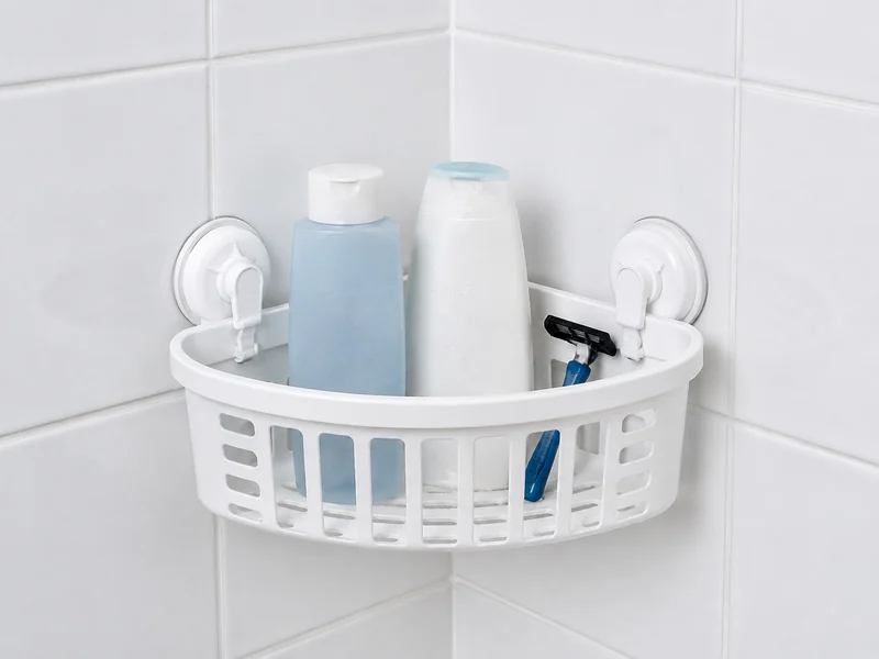 Original unbranded illustration of a white corner shower basket held to smooth gray tile by two lever suction mounts.