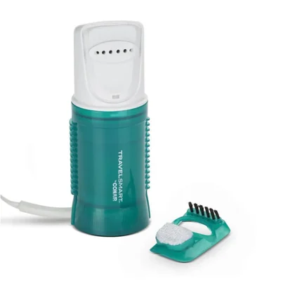 Teal and white Conair TravelSmart TS184X garment steamer with brush attachment on a white background.