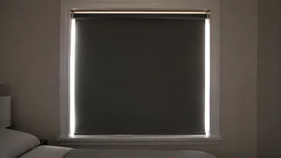 A dark roller shade blocks the center of a bedroom window while thin lines of morning light remain at the sides and top.