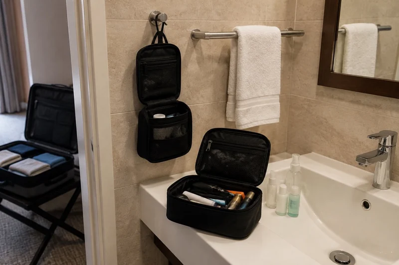 Two unbranded toiletry-bag formats in a small hotel bathroom, with one hanging beside the sink and another open on the counter.