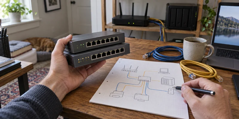AI editorial image of hands comparing two generic eight-port Ethernet switches at a home-office desk; no brand or performance is demonstrated.