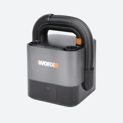 Exact black WORX WX030L cube vacuum body with flexible hose and onboard tools on a white background; the kit battery and charger are not pictured.