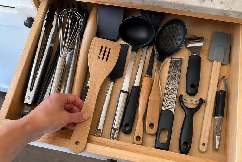Hand arranges long and bulky cooking utensils inside an open wooden kitchen drawer before choosing an organizer.