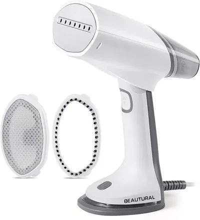 White BEAUTURAL 722NA foldable handheld garment steamer with two fabric attachments on a white background.