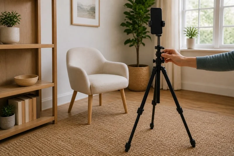 A hand adjusts a phone tripod facing an empty chair in a bright home room.