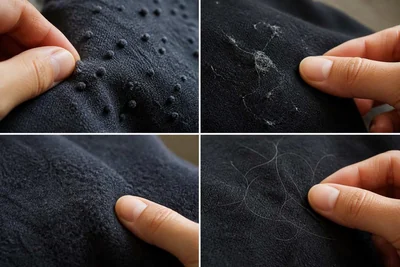 Close fabric comparison showing attached pills, loose lint, raised fuzz, and hair strands.