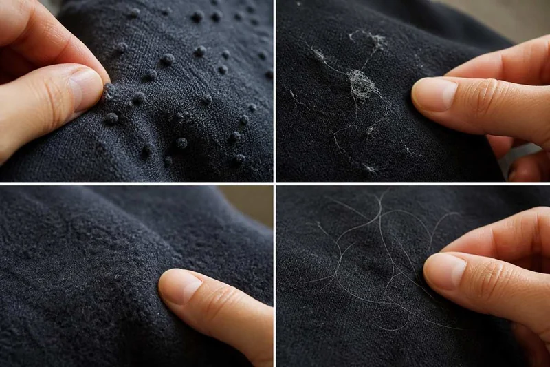 Close fabric comparison showing attached pills, loose lint, raised fuzz, and hair strands.