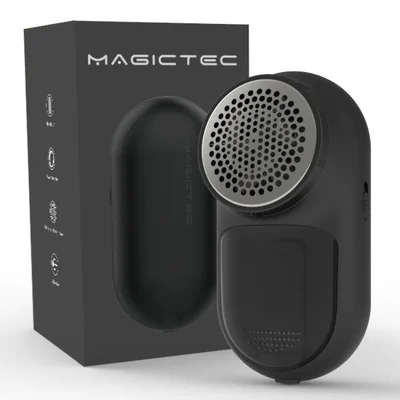 Black Magictec bergw-175 rechargeable fabric shaver with mesh cutting head on a white background.