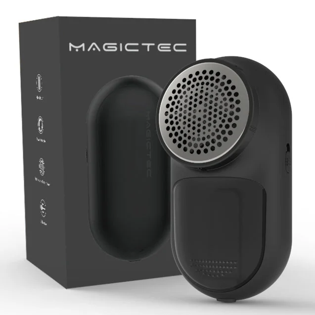 Black Magictec bergw-175 rechargeable fabric shaver with mesh cutting head on a white background.
