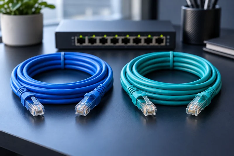 AI illustration of blue and teal Ethernet patch cables beside a network switch.