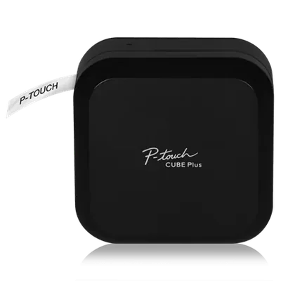Official front view of the black Brother P-touch CUBE Plus PT-P710BT connected label printer with a short printed tape strip.