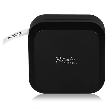 Official front view of the black Brother P-touch CUBE Plus PT-P710BT connected label printer with a short printed tape strip.