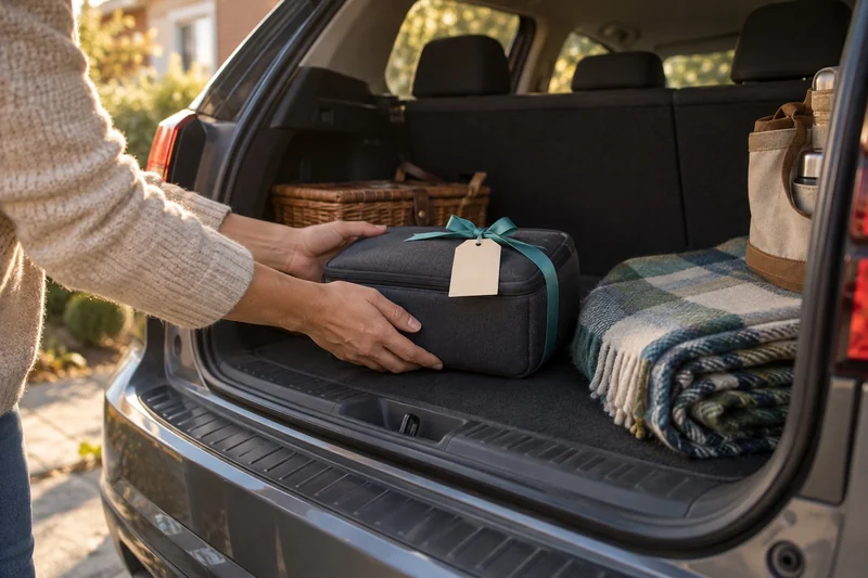 AI illustration of hands placing a ribbon-tied case in the trunk of a parked car before a trip.
