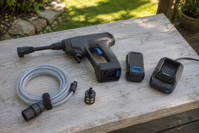AI illustration of a cordless power cleaner with a separate battery, charger, hose and filter.