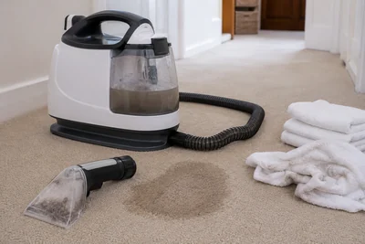 A portable spot cleaner beside an exposed dirty-water tank, hose, clear nozzle, damp carpet patch, and drying towels.