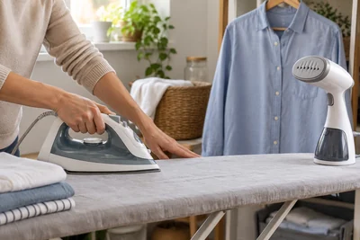 AI editorial image of hands using an unbranded iron beside a generic garment steamer and hanging shirt in a home laundry area.