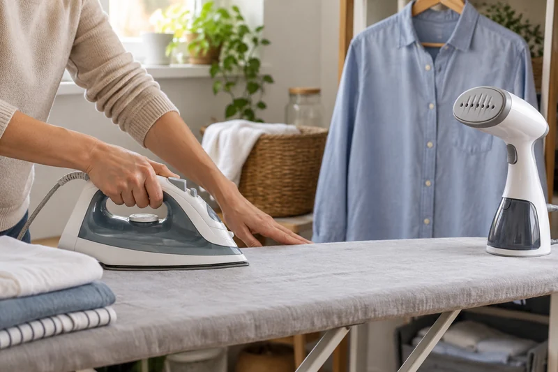 AI editorial image of hands using an unbranded iron beside a generic garment steamer and hanging shirt in a home laundry area.