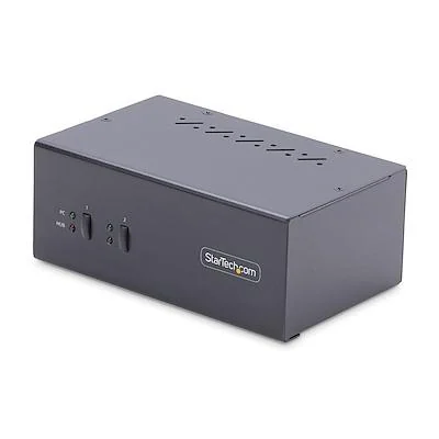Manufacturer product photo of the StarTech P2DD46A2-KVM-SWITCH with two front host-selection buttons.