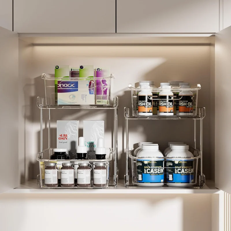 Two clear DELAMU two-tier organizers installed side by side inside a cabinet.