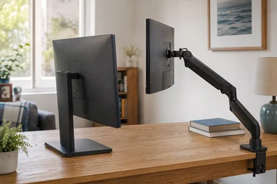 AI illustration of a freestanding monitor base and an articulated desk-clamp monitor arm.