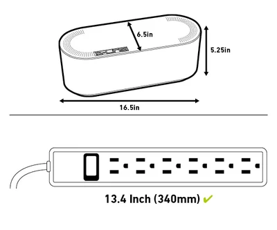 Official D-Line diagram of the large cable-management box showing its 16.5-by-6.5-by-5.25-inch exterior dimensions.