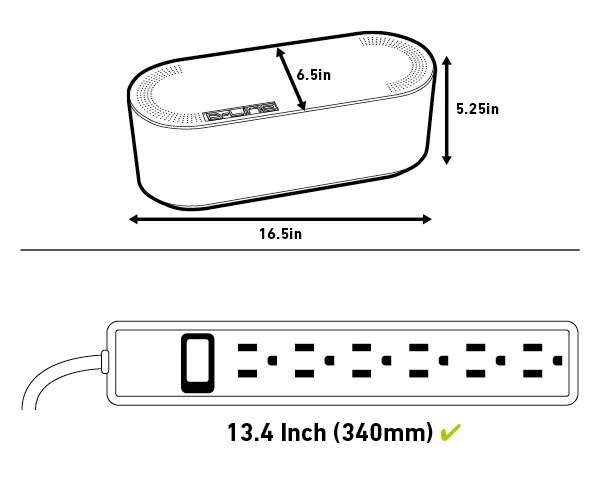 Official D-Line diagram of the large cable-management box showing its 16.5-by-6.5-by-5.25-inch exterior dimensions.